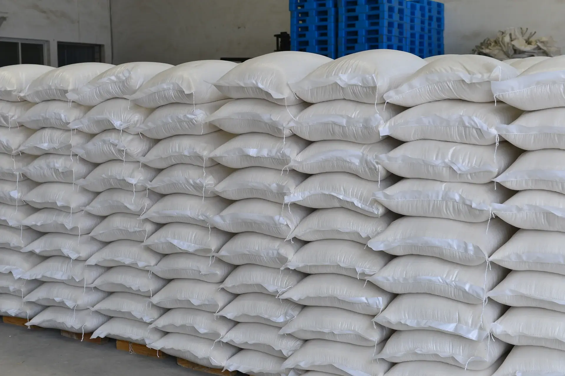 Stacked bags in a storage warehouse